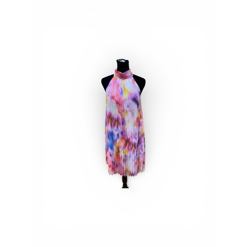 Belle Badgley Mischka Valeria Pink Multi Floral Pleated Halter Dress Size 8 NEW